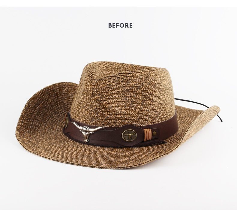 Chapeau de paille de couleur mixte Denim occidental pare-soleil d'extérieur (Outdoor Sunshade Western Denim Mixed Color Straw Hat)