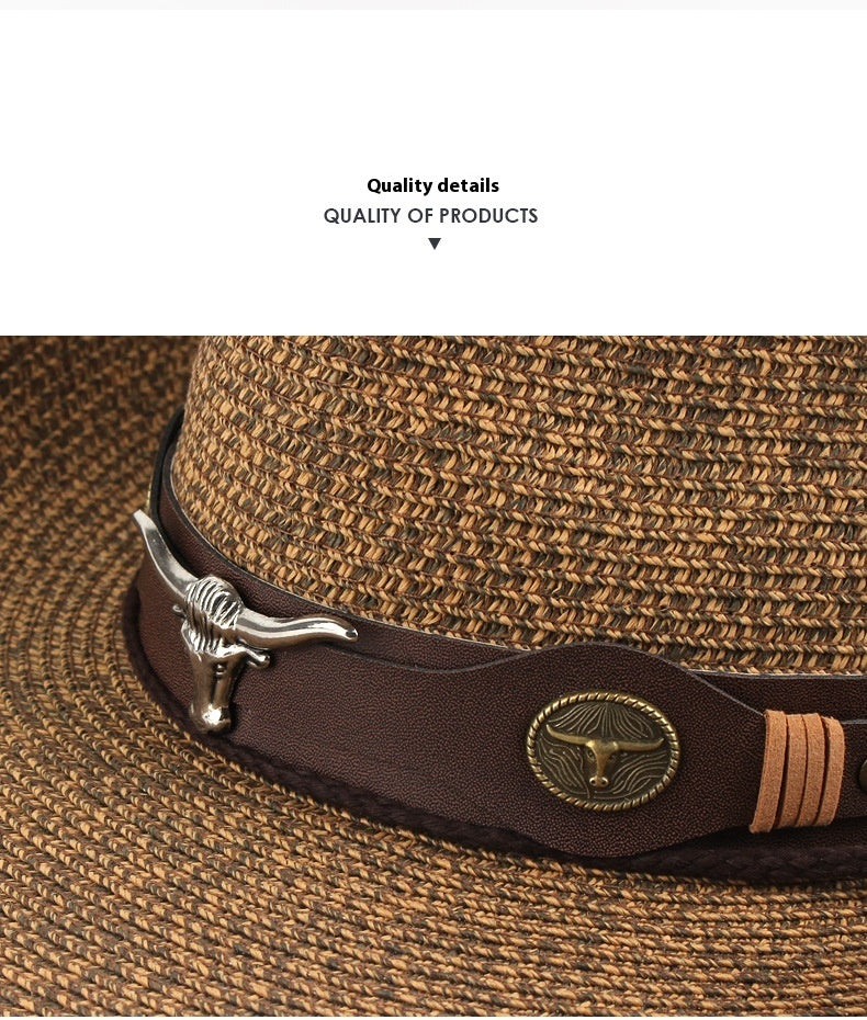 Chapeau de paille de couleur mixte Denim occidental pare-soleil d'extérieur (Outdoor Sunshade Western Denim Mixed Color Straw Hat)