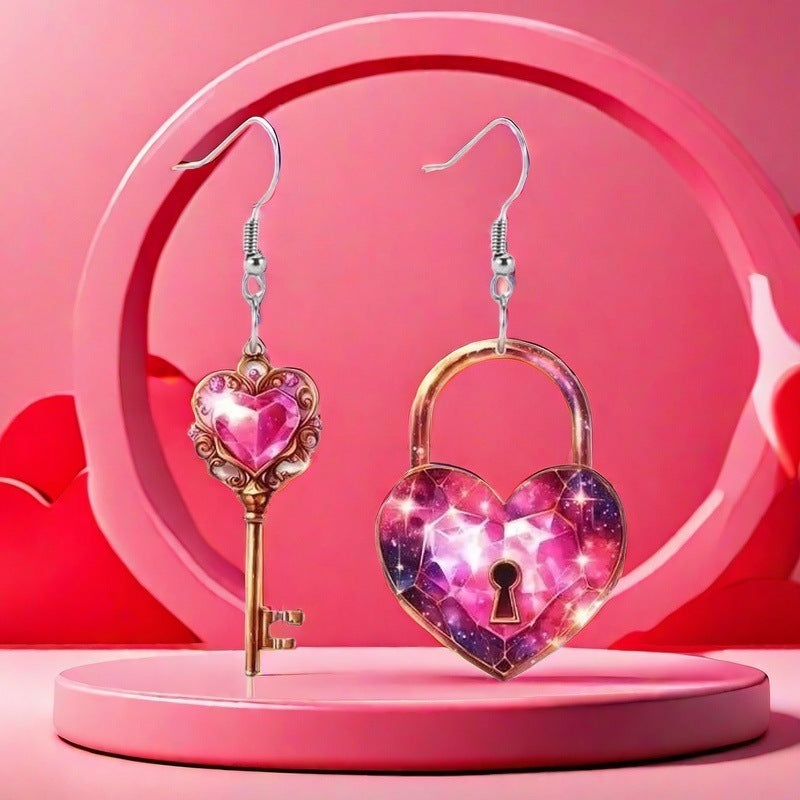 Bijoux de boucles d'oreilles romantiques en acrylique avec serrure en forme de cœur et clé de types A et B. (Romantic Key Heart Lock Acrylic Types A And B Earrings)