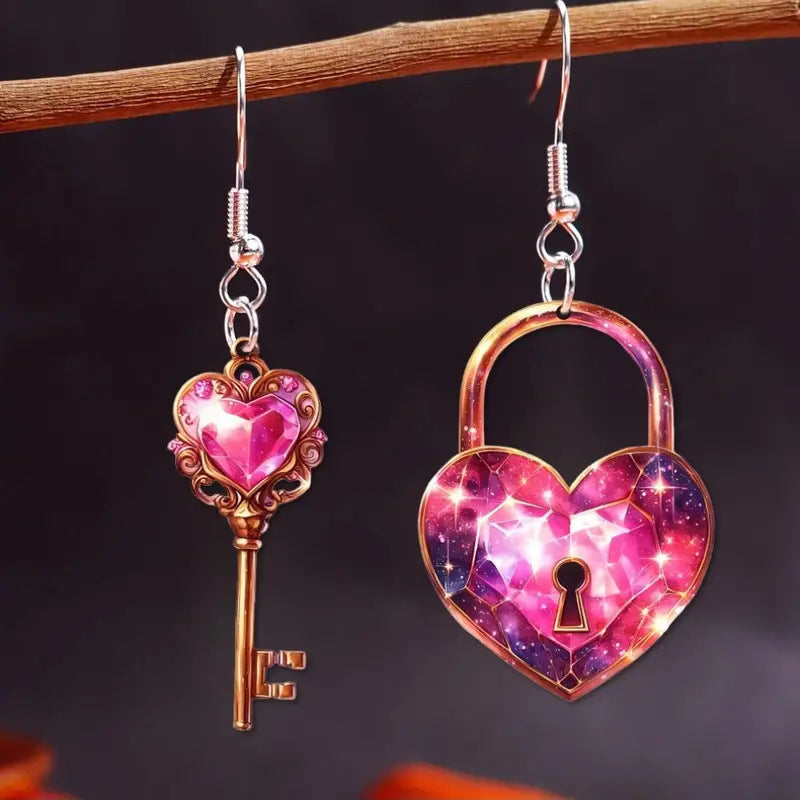 Bijoux de boucles d'oreilles romantiques en acrylique avec serrure en forme de cœur et clé de types A et B. (Romantic Key Heart Lock Acrylic Types A And B Earrings)