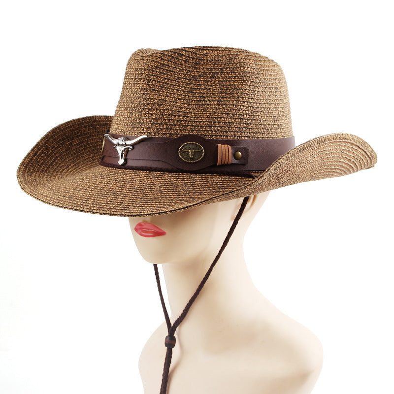 Chapeau de paille de couleur mixte Denim occidental pare-soleil d'extérieur (Outdoor Sunshade Western Denim Mixed Color Straw Hat)