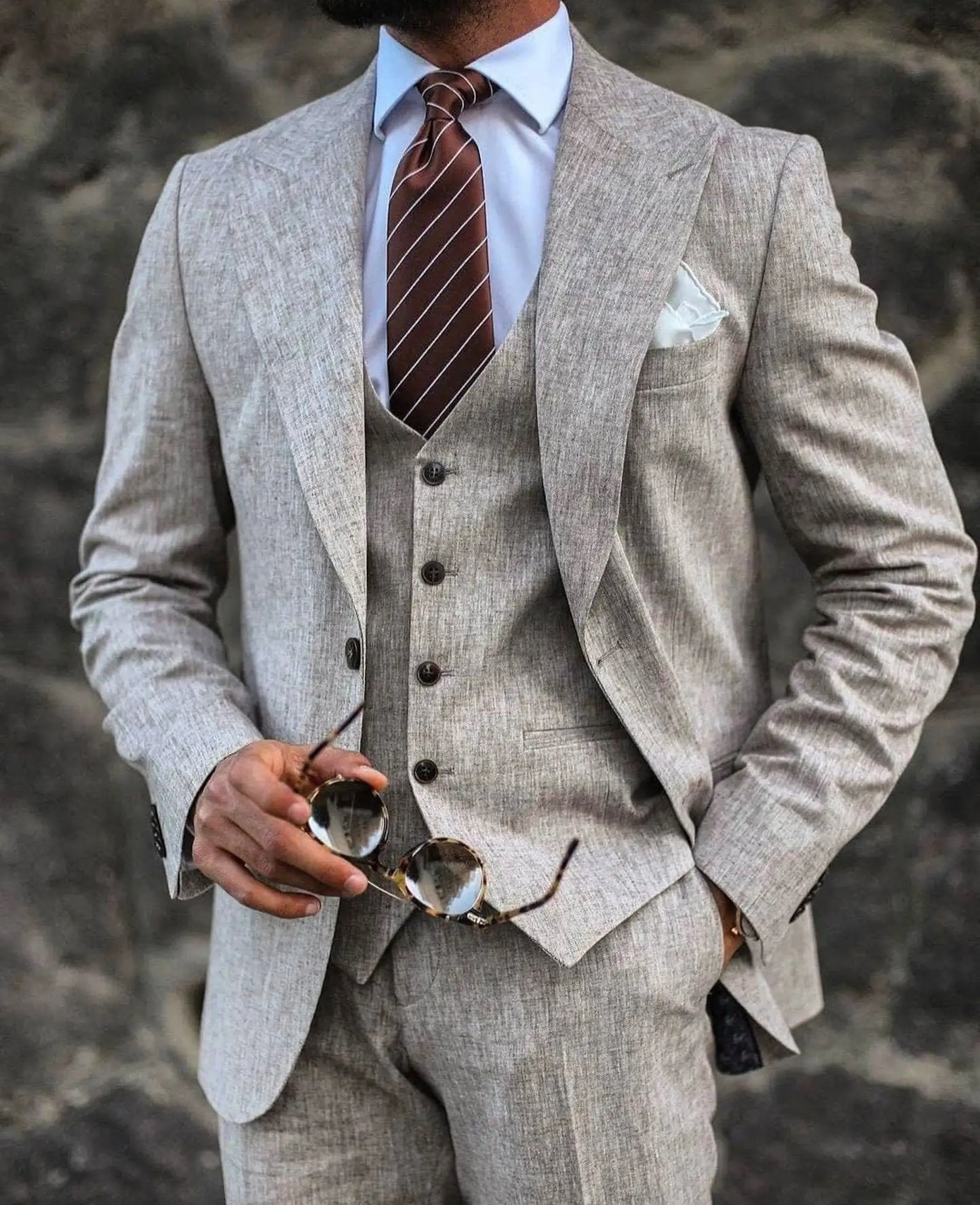 Costumes en lin de haute qualité pour les hommes Fête , mariage Trois Pièces Veste + Pantalon + Gilet