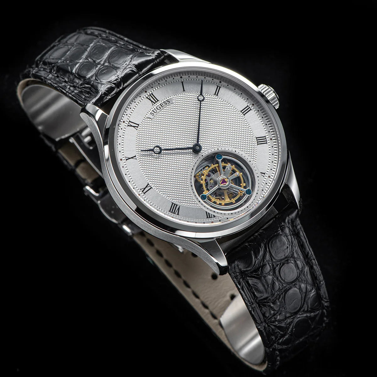 Montres-bracelets Sugess Tourbillon pour hommes ST8230: Véritable mouvement Tianjin mécanique squelette vintage Élégante en cuir de crocodile