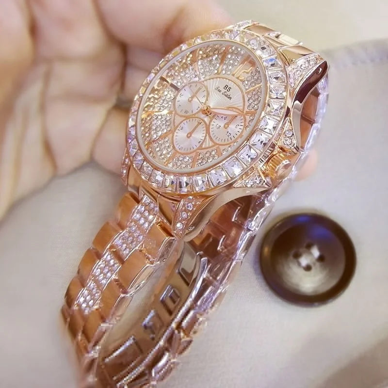 Montres-bracelets de luxe pour femmes à quartz avec diamant de la marque haut de gamme Montres-bracelets en cristal et de bijoux or rose pour dames