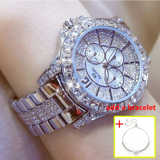 Montres-bracelets de luxe pour femmes à quartz avec diamant de la marque haut de gamme Montres-bracelets en cristal et de bijoux or rose pour dames