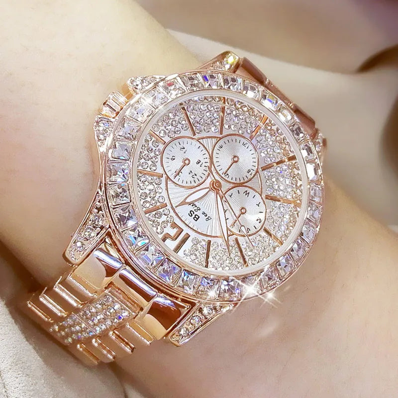 Montres-bracelets de luxe pour femmes à quartz avec diamant de la marque haut de gamme Montres-bracelets en cristal et de bijoux or rose pour dames