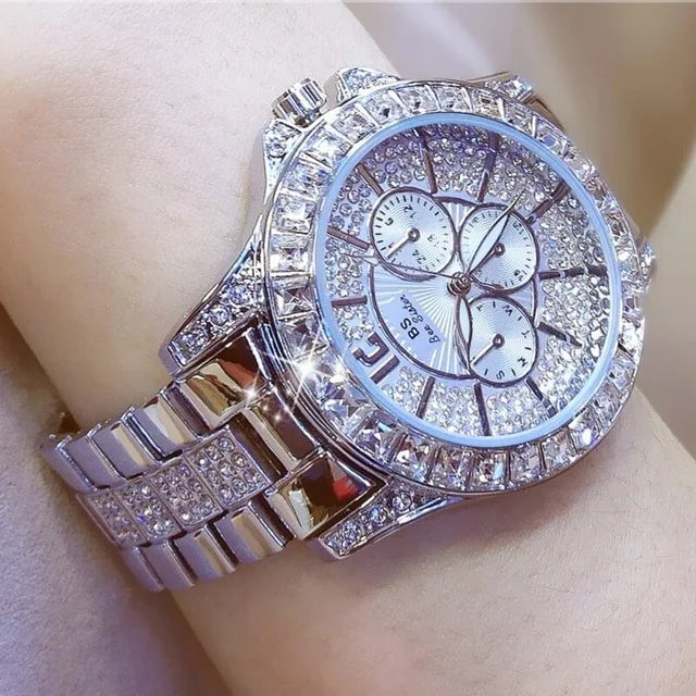 Montres-bracelets de luxe pour femmes à quartz avec diamant de la marque haut de gamme Montres-bracelets en cristal et de bijoux or rose pour dames