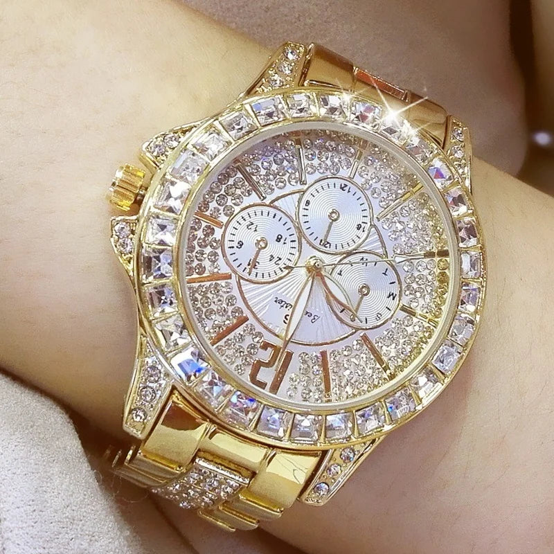 Montres-bracelets de luxe pour femmes à quartz avec diamant de la marque haut de gamme Montres-bracelets en cristal et de bijoux or rose pour dames