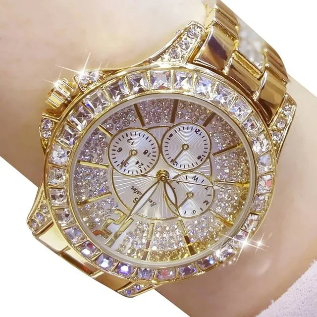 Montres-bracelets de luxe pour femmes à quartz avec diamant de la marque haut de gamme Montres-bracelets en cristal et de bijoux or rose pour dames
