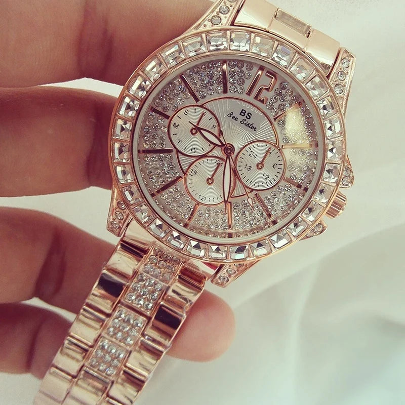 Montres-bracelets de luxe pour femmes à quartz avec diamant de la marque haut de gamme Montres-bracelets en cristal et de bijoux or rose pour dames