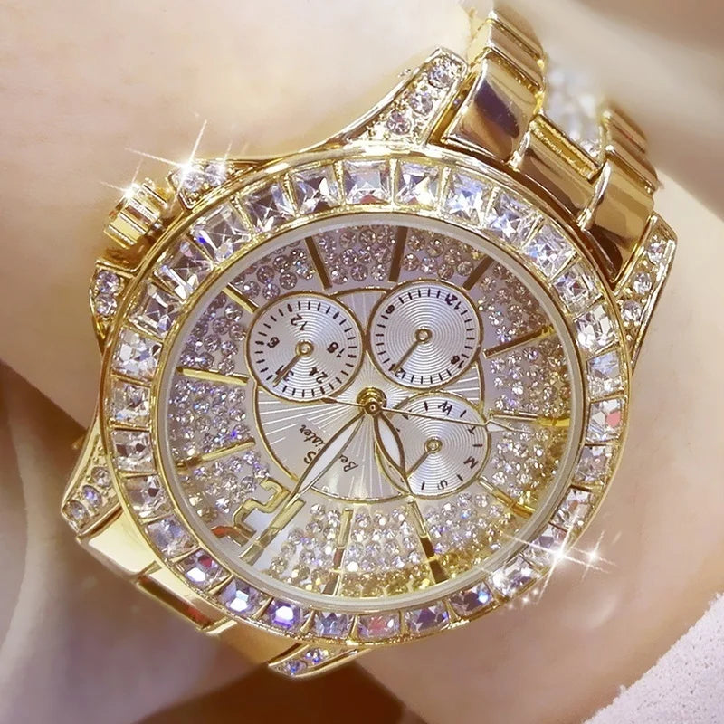 Montres-bracelets de luxe pour femmes à quartz avec diamant de la marque haut de gamme Montres-bracelets en cristal et de bijoux or rose pour dames