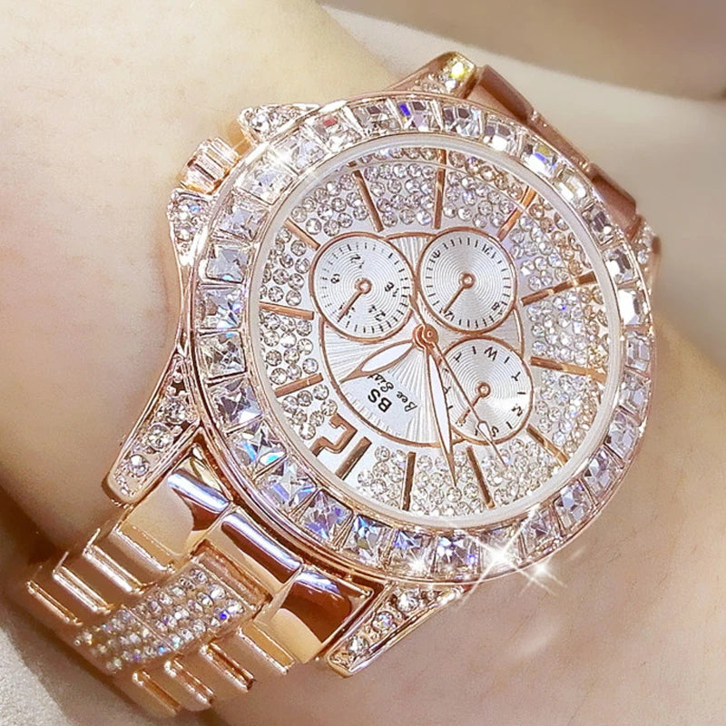 Montres-bracelets de luxe pour femmes à quartz avec diamant de la marque haut de gamme Montres-bracelets en cristal et de bijoux or rose pour dames
