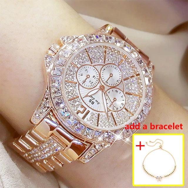 Montres-bracelets de luxe pour femmes à quartz avec diamant de la marque haut de gamme Montres-bracelets en cristal et de bijoux or rose pour dames