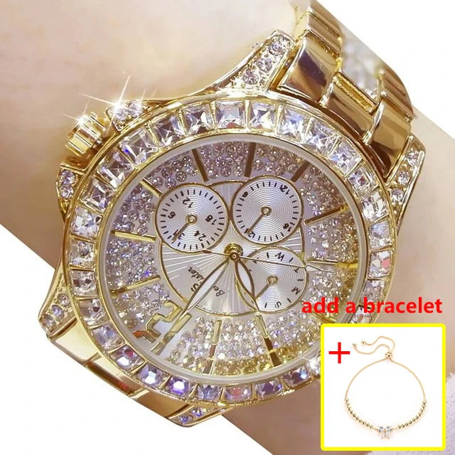 Montres-bracelets de luxe pour femmes à quartz avec diamant de la marque haut de gamme Montres-bracelets en cristal et de bijoux or rose pour dames