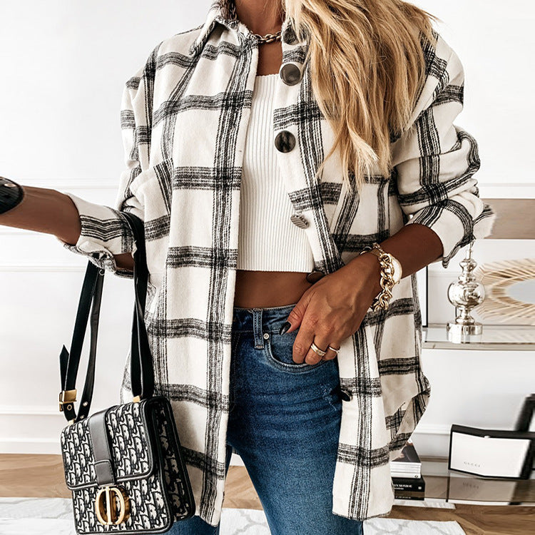 Vêtements femme tendance d’hiver personnalisés ample à manches longues manteau en laine à carreaux