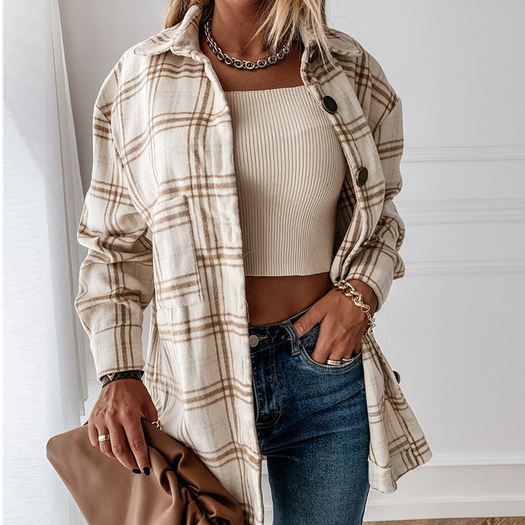 Vêtements femme tendance d’hiver personnalisés ample à manches longues manteau en laine à carreaux