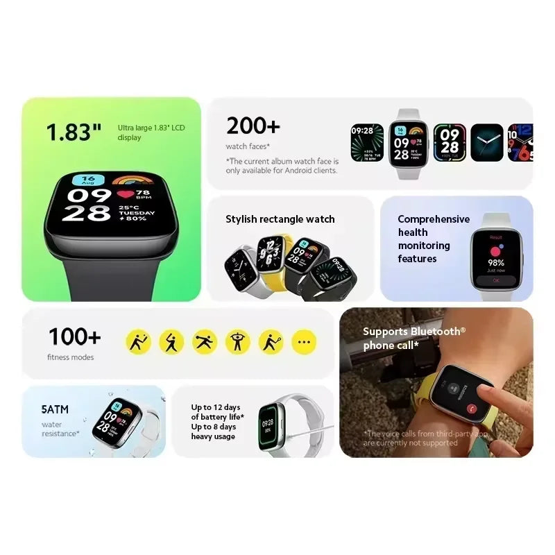 Montre Redmi 3 Xiaomi active écran LCD 1,83'' moniteur d'oxygène sanguin, fréquence cardiaque, Bluetooth, Appel vocal 100+ et Mode sport