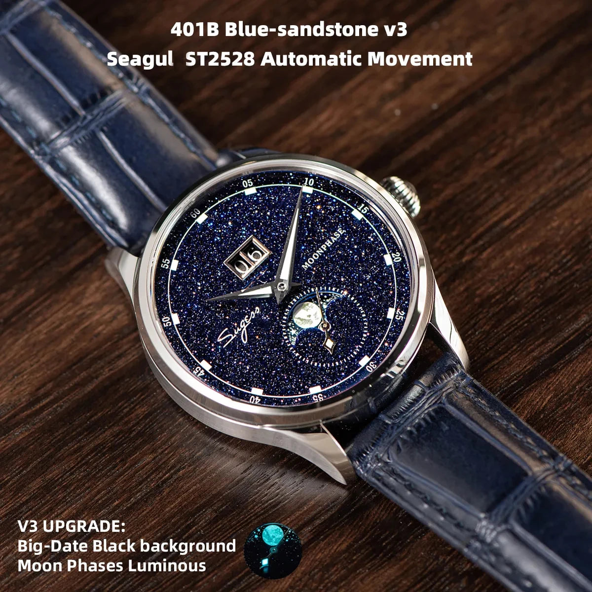 Montre-bracelet de luxe Sugess Moonphase en acier inoxydable 316L avec mouvement Tianjin ST2528 et cadran en pierres précieuses pour homme