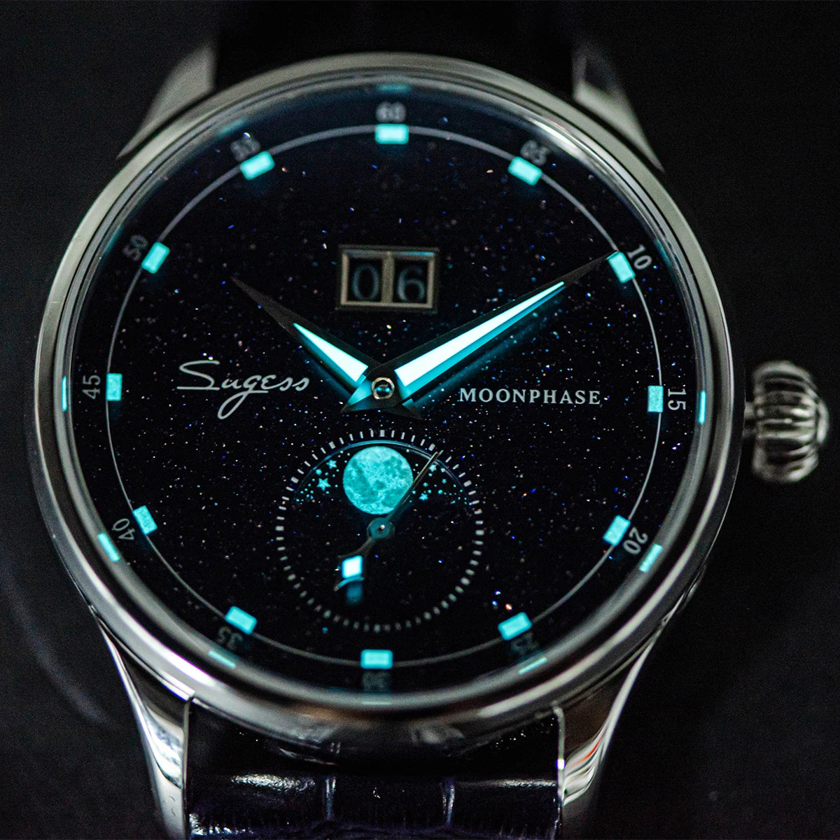 Montre-bracelet de luxe Sugess Moonphase en acier inoxydable 316L avec mouvement Tianjin ST2528 et cadran en pierres précieuses pour homme