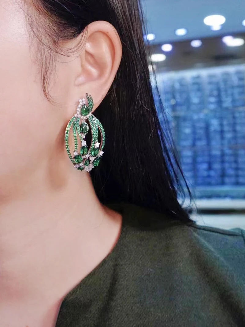 Boucles d'oreilles à feuilles vertes pour femmes, bijoux fins, de luxe, élégant, délicat en argent sterling 925 avec zircone cubique,