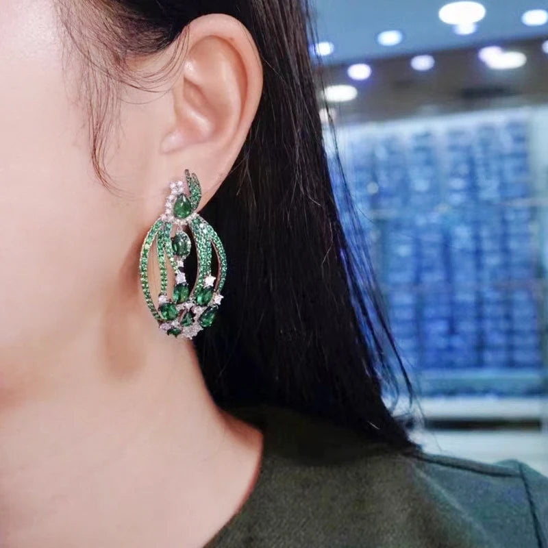 Boucles d'oreilles à feuilles vertes pour femmes, bijoux fins, de luxe, élégant, délicat en argent sterling 925 avec zircone cubique,