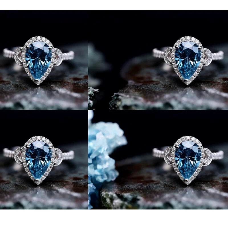 Bague de fiançailles halo de haute qualité SGARIT Fine Jewelry en or blanc 14 carats avec diamant bleu pour femme (SGARIT Fine Jewelry High Quality Engagement Halo Rings 14K White Gold Pear Cut 3CT for Woman)