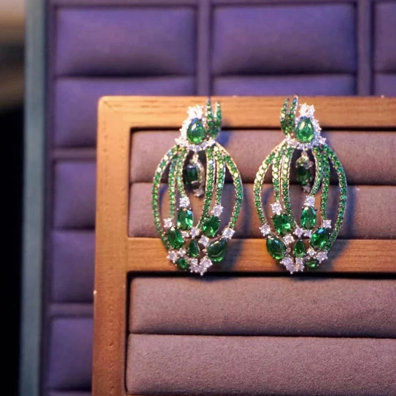 Boucles d'oreilles à feuilles vertes pour femmes, bijoux fins, de luxe, élégant, délicat en argent sterling 925 avec zircone cubique,
