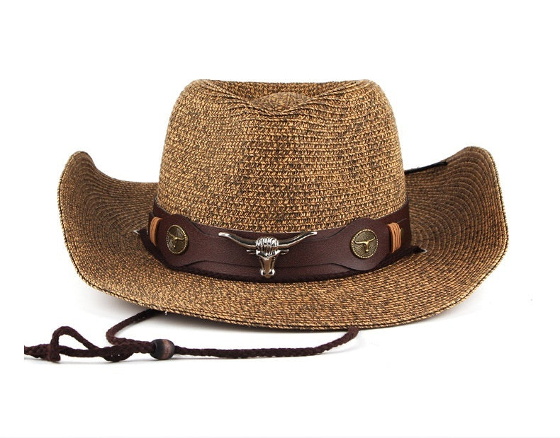 Chapeau de paille de couleur mixte Denim occidental pare-soleil d'extérieur (Outdoor Sunshade Western Denim Mixed Color Straw Hat)