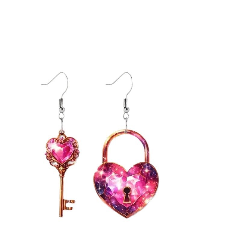 Bijoux de boucles d'oreilles romantiques en acrylique avec serrure en forme de cœur et clé de types A et B. (Romantic Key Heart Lock Acrylic Types A And B Earrings)