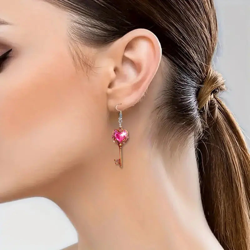 Bijoux de boucles d'oreilles romantiques en acrylique avec serrure en forme de cœur et clé de types A et B. (Romantic Key Heart Lock Acrylic Types A And B Earrings)
