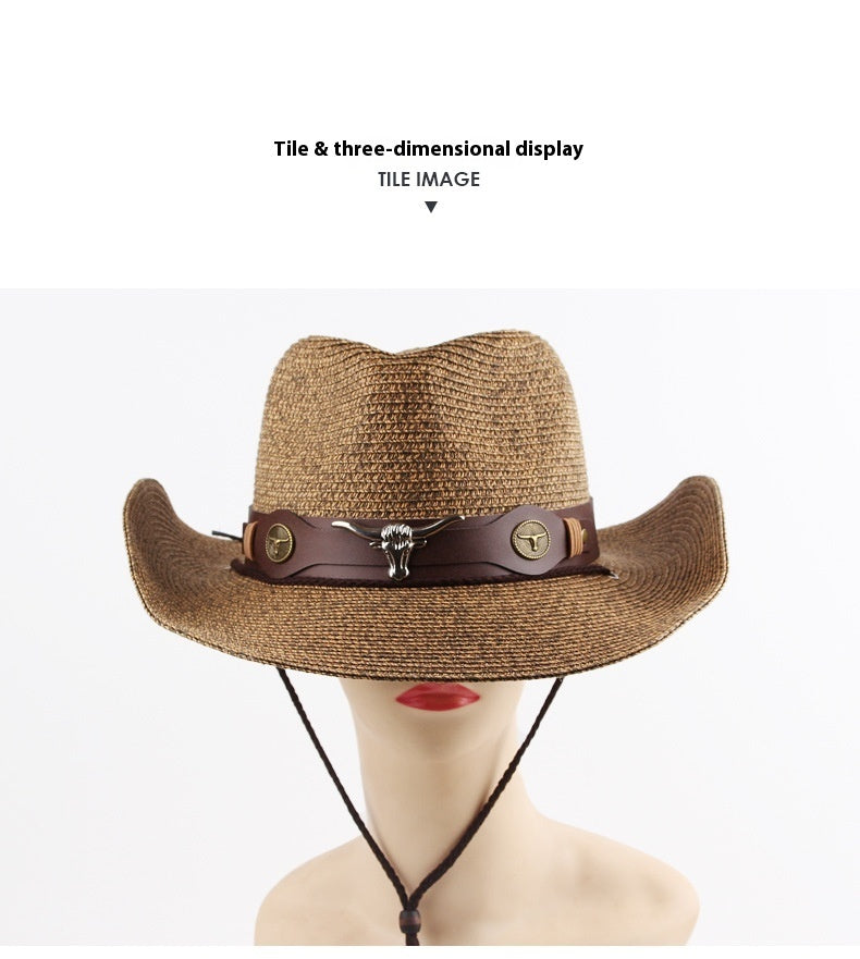 Chapeau de paille de couleur mixte Denim occidental pare-soleil d'extérieur (Outdoor Sunshade Western Denim Mixed Color Straw Hat)
