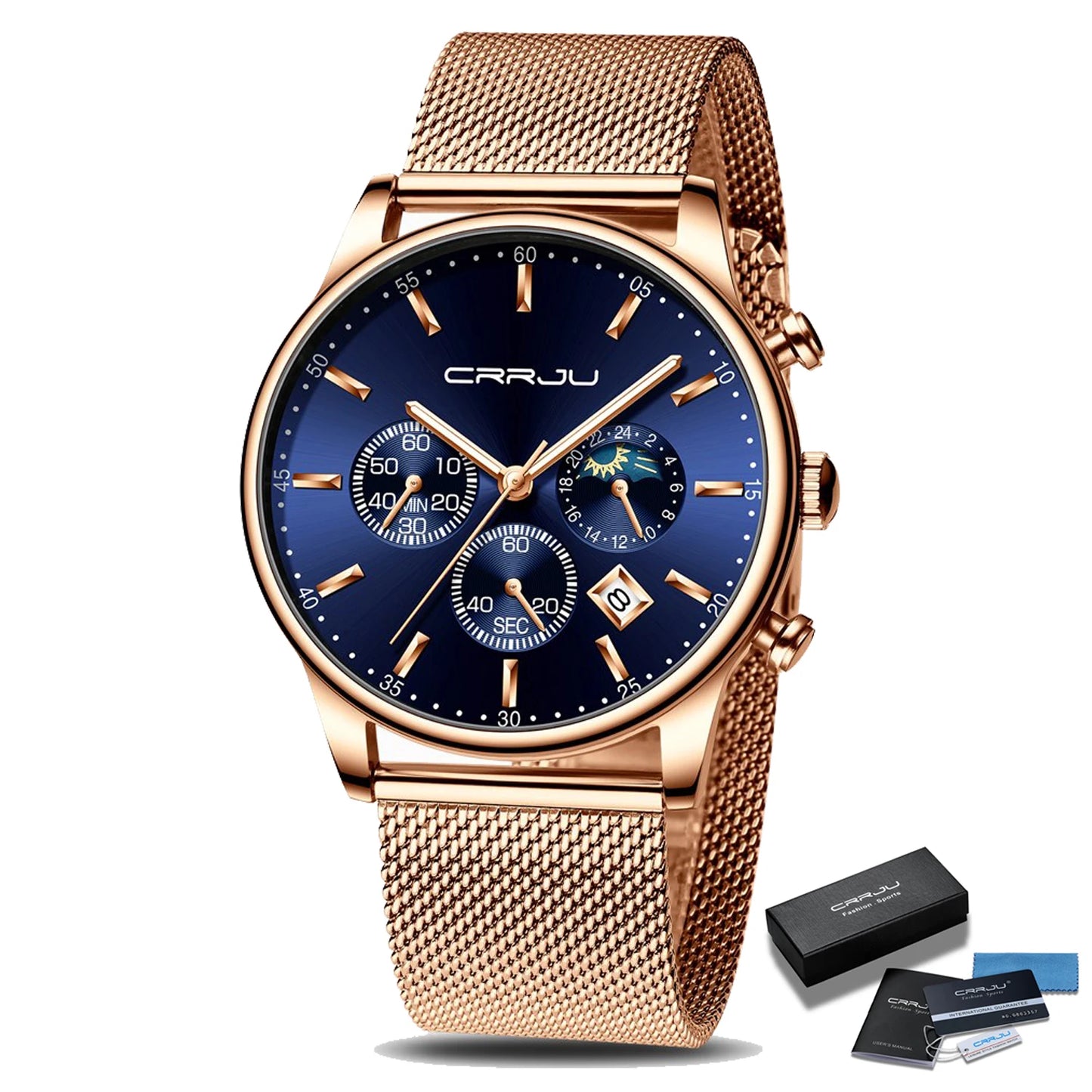 Montre à quartz de luxe CRRJU pour hommes à cadran bleu, de sport chronographe horloge ceinture en maille