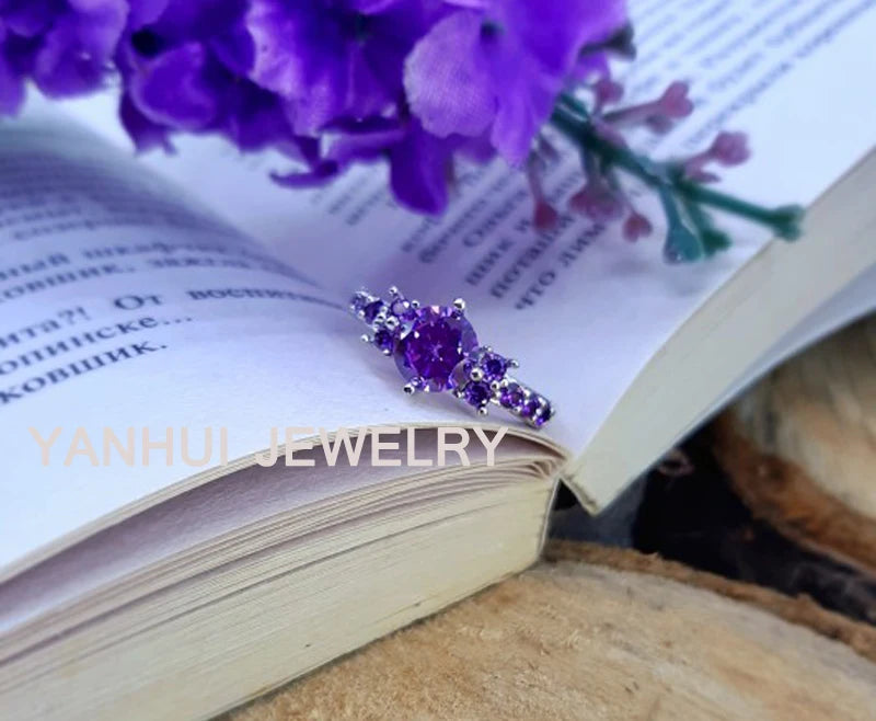 Bague de fiançailles en cristal violet pour femme, nouvelle mode en argent massif