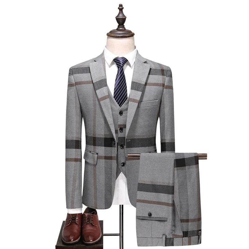 Costume 3 pièces pour homme, veste, pantalon, gilet, blazer, costume formel classique, coupe slim, bleu et gris, 2023