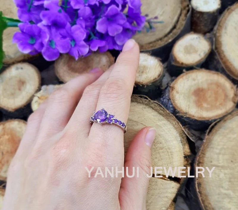 Bague de fiançailles en cristal violet pour femme, nouvelle mode en argent massif