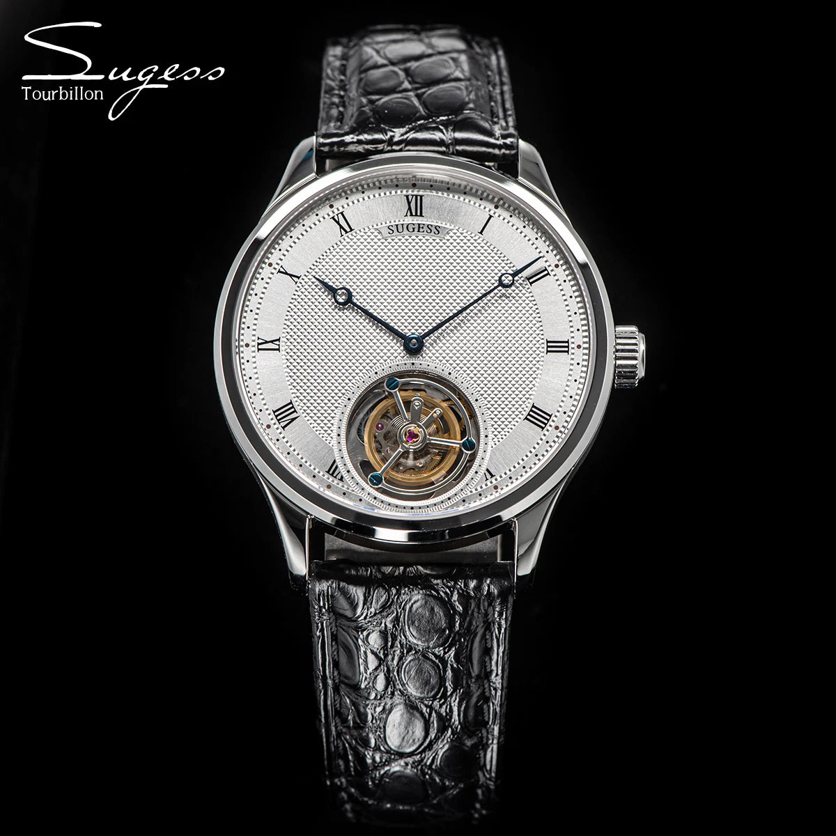 Montres-bracelets Sugess Tourbillon pour hommes ST8230: Véritable mouvement Tianjin mécanique squelette vintage Élégante en cuir de crocodile