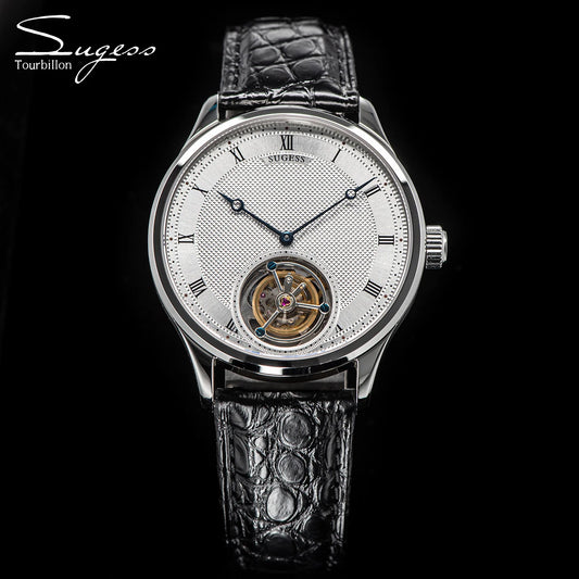 Montres-bracelets Sugess Tourbillon pour hommes ST8230: Véritable mouvement Tianjin mécanique squelette vintage Élégante en cuir de crocodile