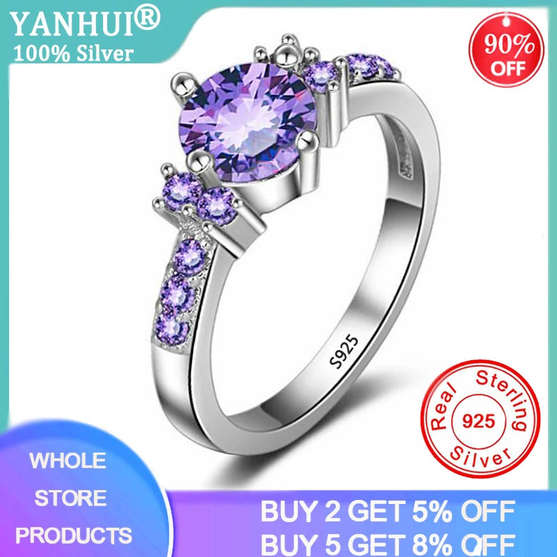 Bague de fiançailles en cristal violet pour femme, nouvelle mode en argent massif