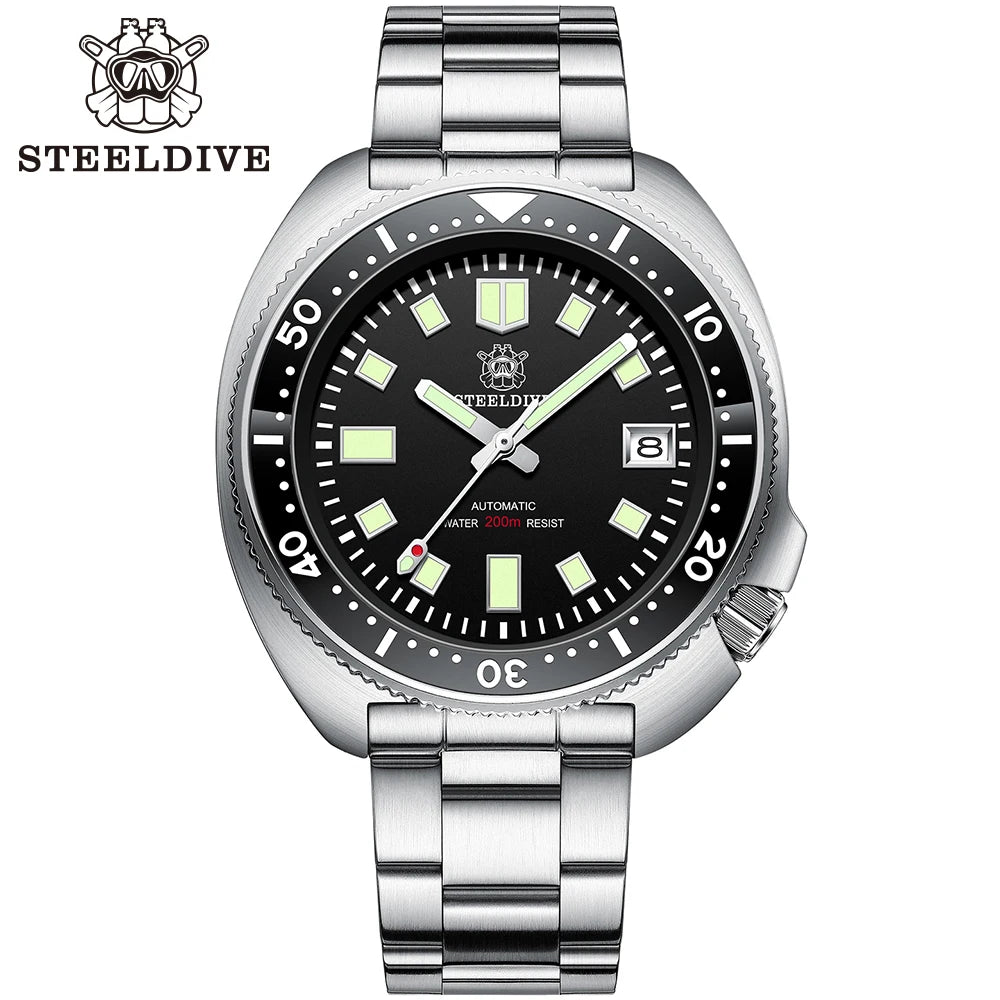 Montre de plongée automatique Steeldive SD1970 avec fond de date blanc 200 m étanche NH35 6105 Turtle