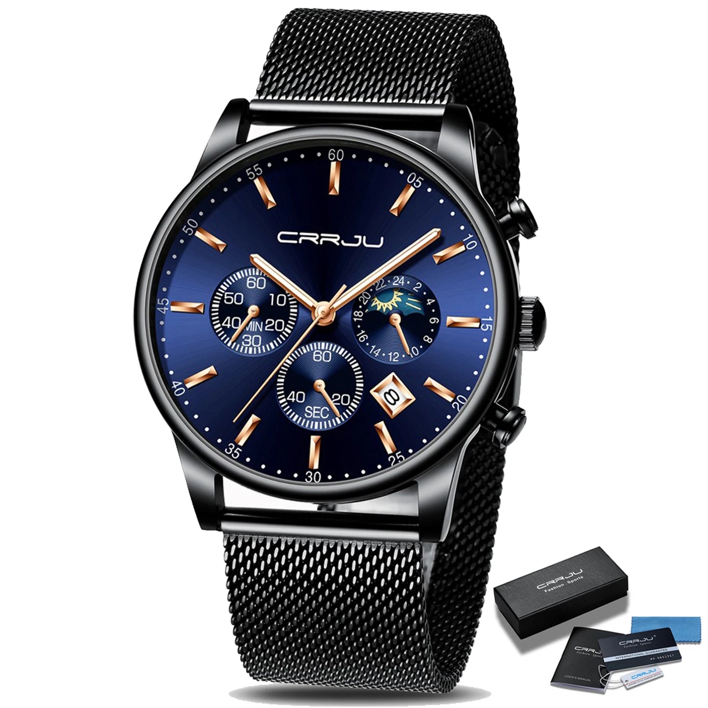 Montre à quartz de luxe CRRJU pour hommes à cadran bleu, de sport chronographe horloge ceinture en maille