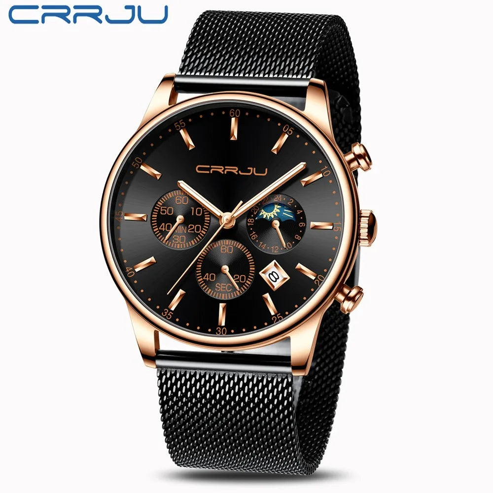 Montre à quartz de luxe CRRJU pour hommes à cadran bleu, de sport chronographe horloge ceinture en maille