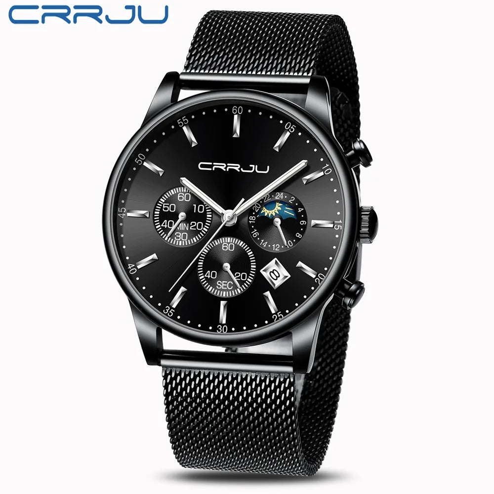 Montre à quartz de luxe CRRJU pour hommes à cadran bleu, de sport chronographe horloge ceinture en maille