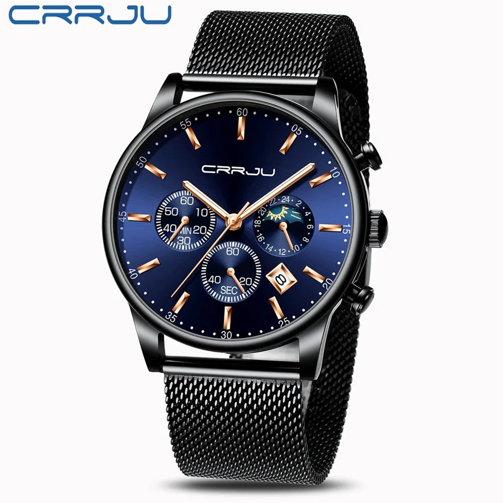 Montre à quartz de luxe CRRJU pour hommes à cadran bleu, de sport chronographe horloge ceinture en maille