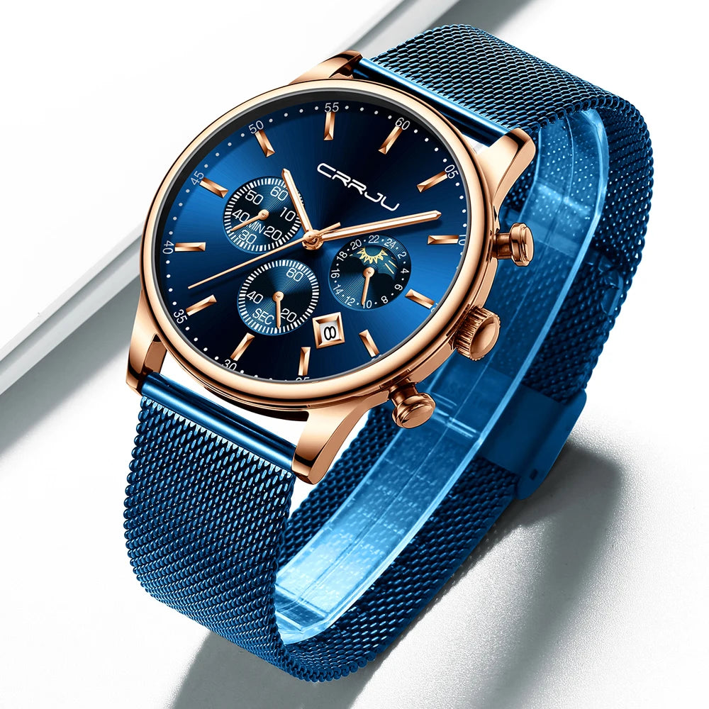 Montre à quartz de luxe CRRJU pour hommes à cadran bleu, de sport chronographe horloge ceinture en maille