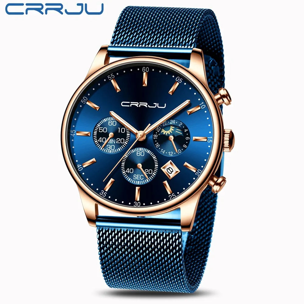 Montre à quartz de luxe CRRJU pour hommes à cadran bleu, de sport chronographe horloge ceinture en maille