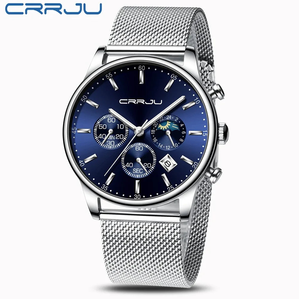 Montre à quartz de luxe CRRJU pour hommes à cadran bleu, de sport chronographe horloge ceinture en maille