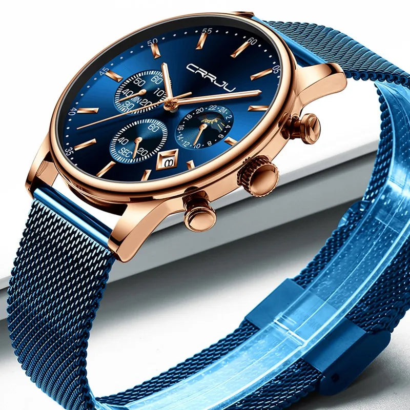 Montre à quartz de luxe CRRJU pour hommes à cadran bleu, de sport chronographe horloge ceinture en maille