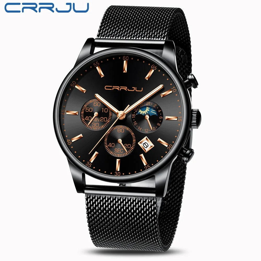 Montre à quartz de luxe CRRJU pour hommes à cadran bleu, de sport chronographe horloge ceinture en maille