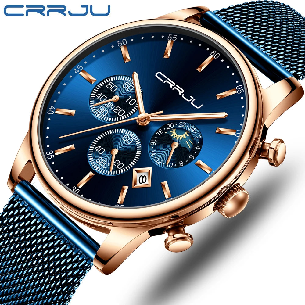 Montre à quartz de luxe CRRJU pour hommes à cadran bleu, de sport chronographe horloge ceinture en maille