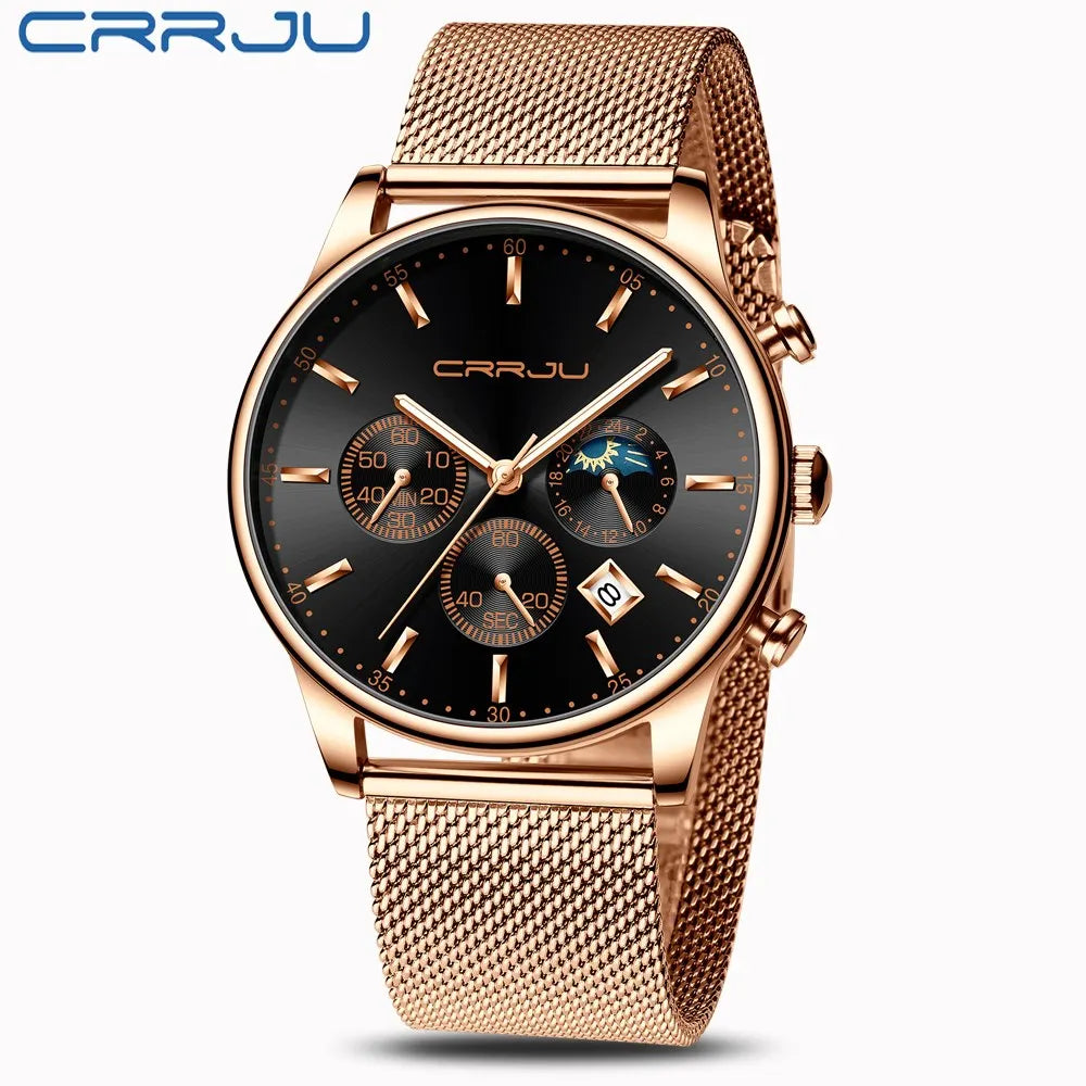 Montre à quartz de luxe CRRJU pour hommes à cadran bleu, de sport chronographe horloge ceinture en maille